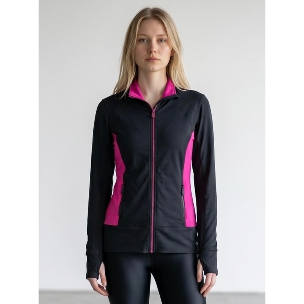 Ideology Womens Black Pink Colorblock Full Zip‎ Performance Jacket Thumbholes M